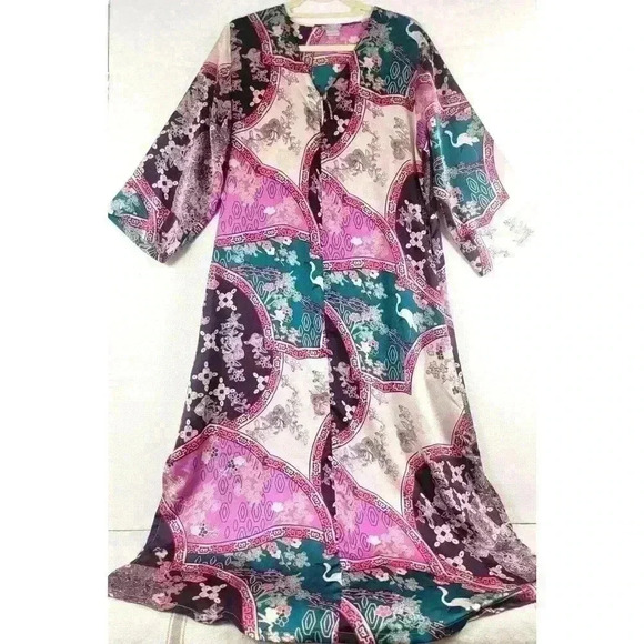 Natori Asian Floral Long Zip Caftan Robe Small Satin Poly Purple Lounge Hostess - Picture 1 of 11
